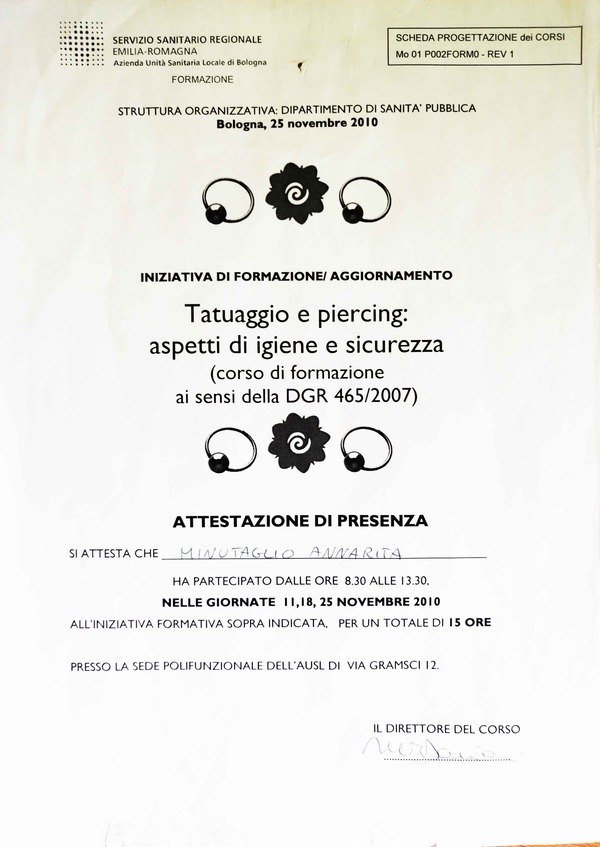 Attestato del Servizio Sanitario Regionale Emilia-Romagna, AUSL di Bologna, corso tatuaggio e piercing su igiene e sicurezza, 2010