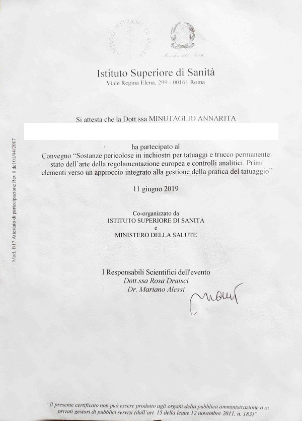 Attestato dell'Istituto Superiore di Sanita' e Ministero della Salute sul convegno relativo alle sostanze pericolose negli inchiostri per tatuaggi e trucco permanente, 2019