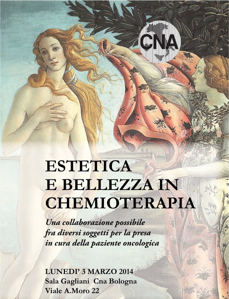 Copertina del pieghevole del convegno Estetica e bellezza in chemioterapia, CNA Bologna, Sala Gagliani, 3 marzo 2014, con la Nascita di Venere di Botticelli